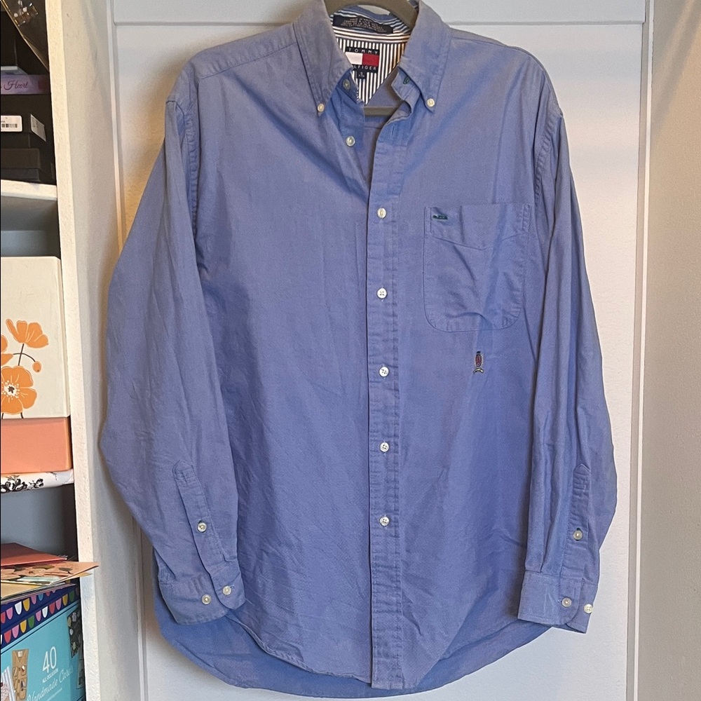 Tommy Hilfiger Men Small Blue chambray Oxford button down Shirt 100% cotton 00’s